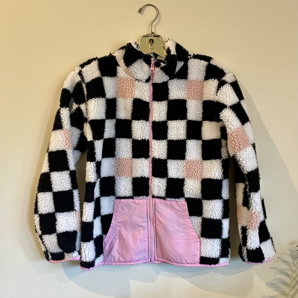 Girls Black White Pink Checkered Fleece Full Zip Jacket